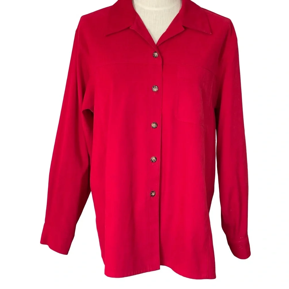 Talbots Red Stretch Long Sleeve Faux Suede Button up Shacket Top SzL